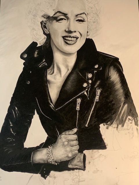 A black and white drawing of marilyn monroe wearing a leather jacket