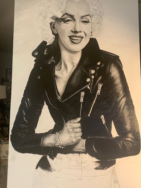 A black and white drawing of marilyn monroe wearing a leather jacket