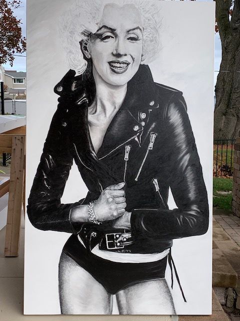 A black and white painting of marilyn monroe wearing a leather jacket