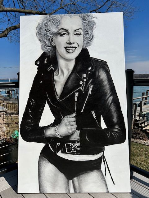 A painting of marilyn monroe wearing a leather jacket