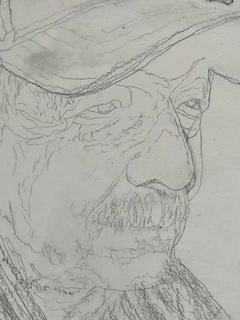 A close up of a pencil drawing of a man with a beard wearing a hat.