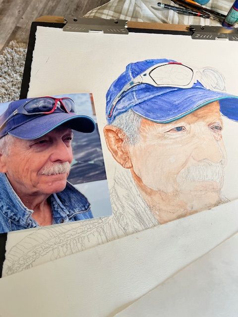 A drawing of a man wearing a blue hat and sunglasses