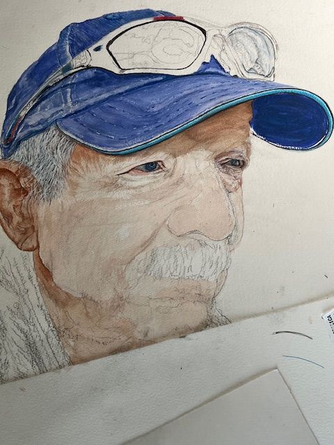 A drawing of a man wearing a blue hat and sunglasses