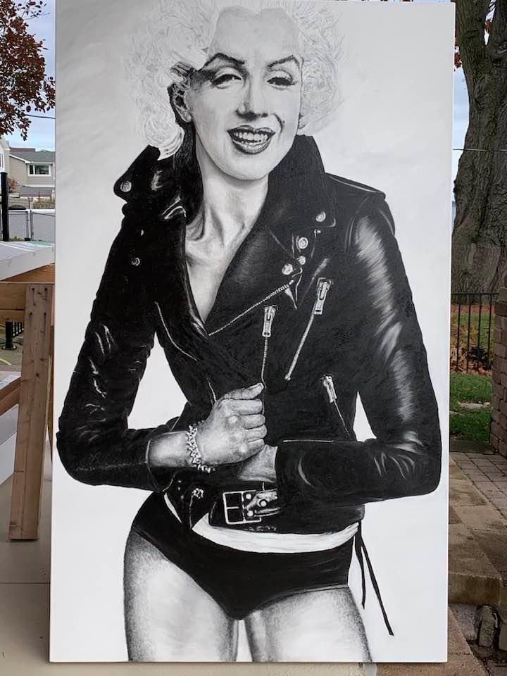 A black and white drawing of marilyn monroe wearing a leather jacket
