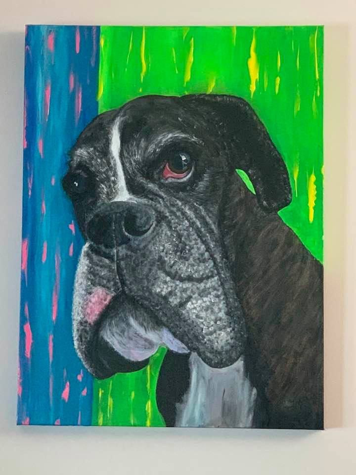 A painting of a boxer dog on a green and blue background