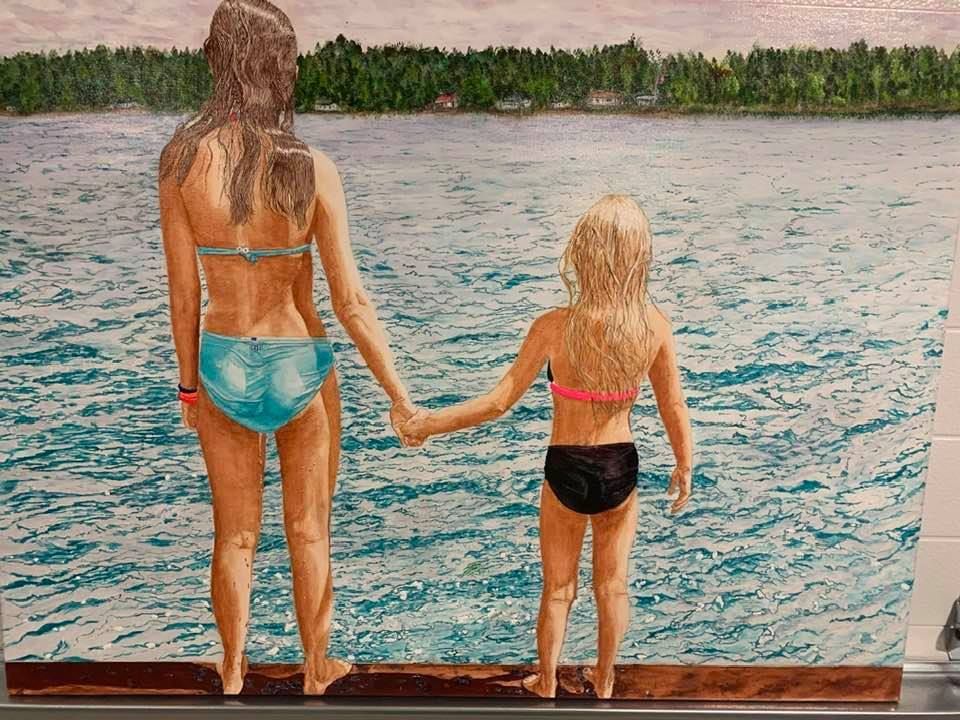 A painting of two girls in bikinis holding hands in front of a body of water.