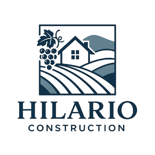 Logo for Hilario Construction featuring a house, vineyard, and text.