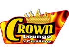 Crown Lounge & Casino logo with yellow crown, text, and fiery background.