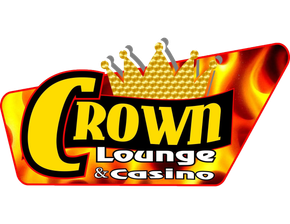 Crown Lounge & Casino logo with yellow crown, text, and fiery background.