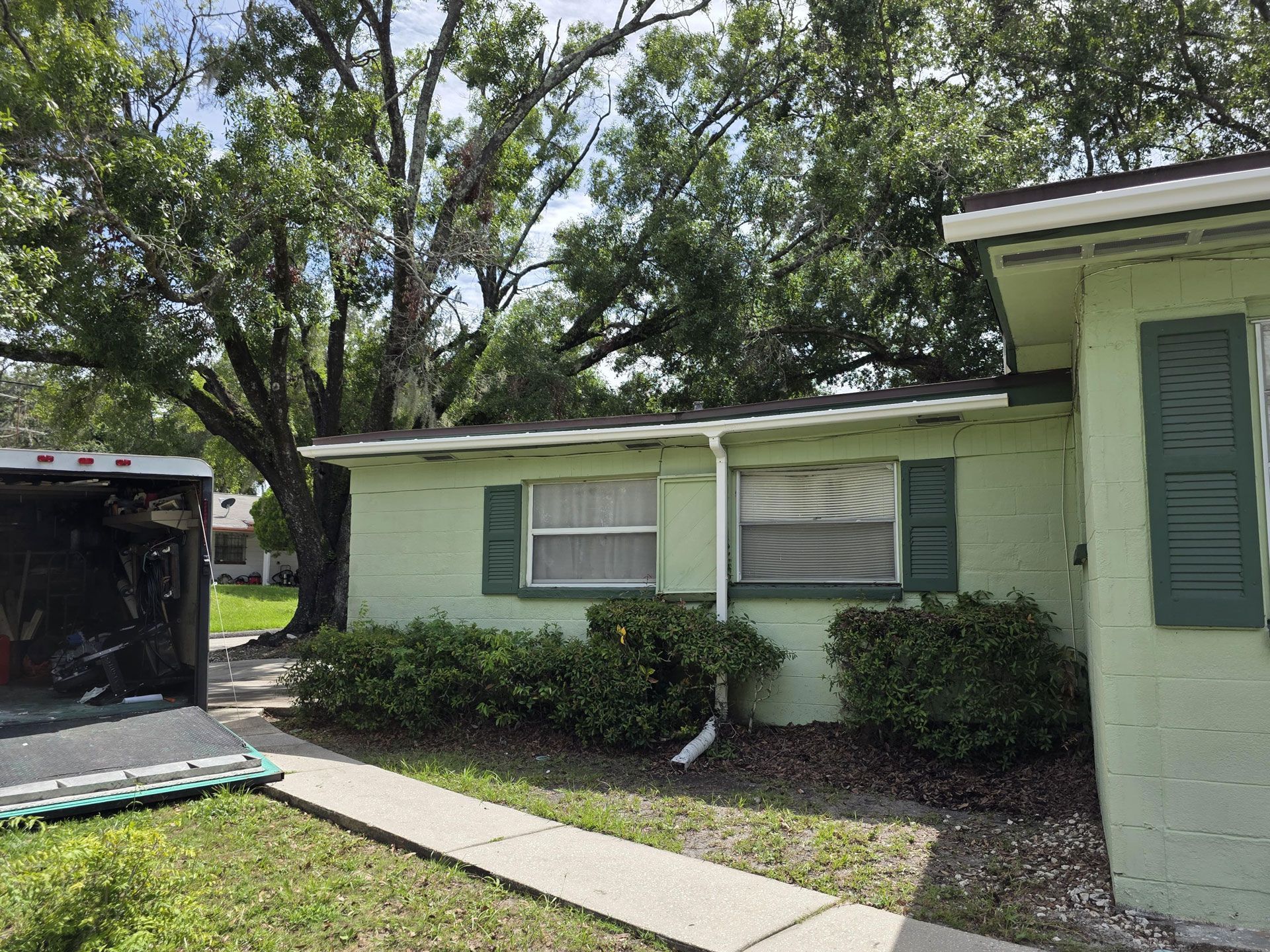 Light green house with green shutters, sidewalk, and shrubs under a tree.