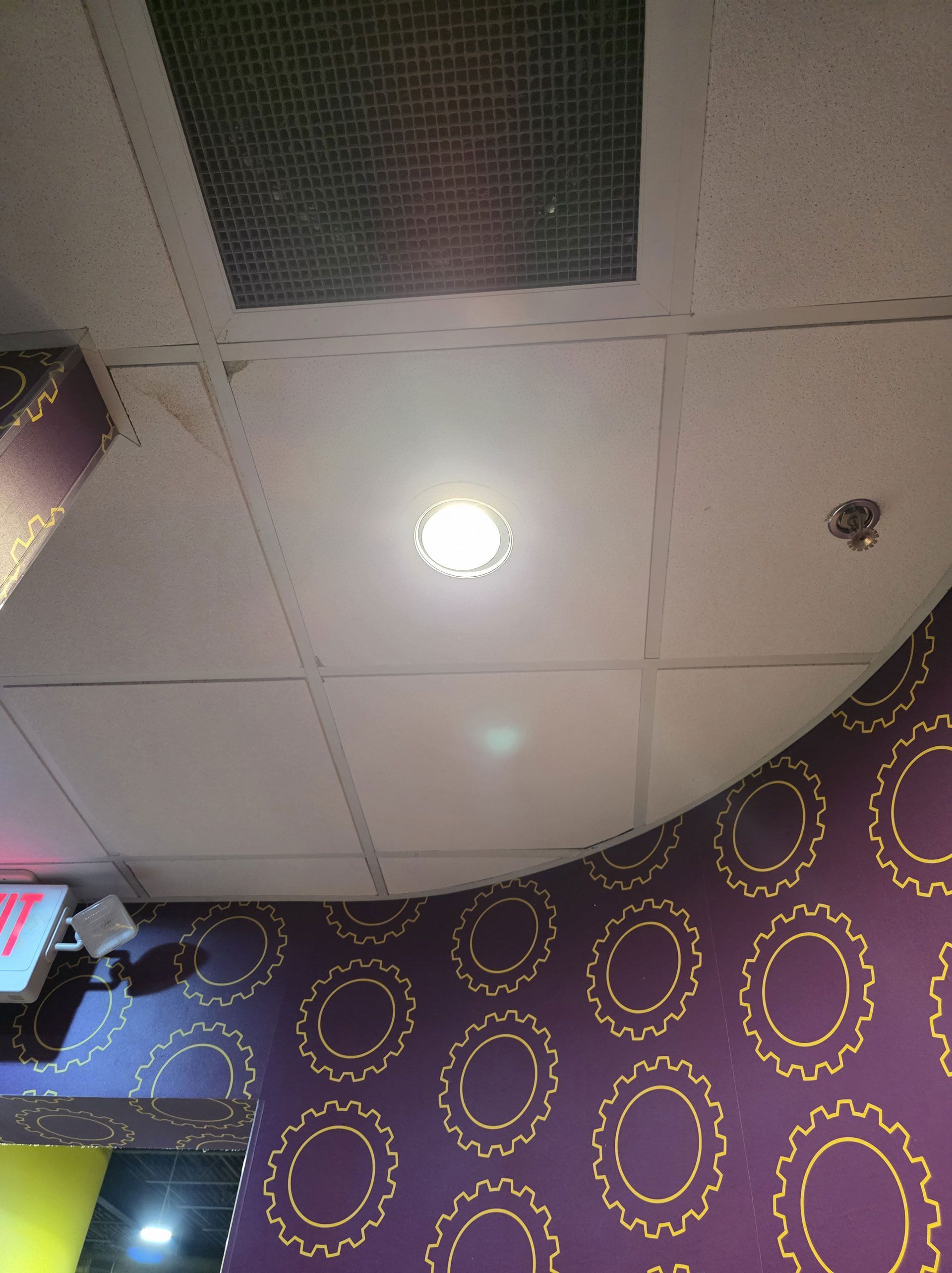 Purple patterned wall with a white ceiling, light fixtures, and a vent.