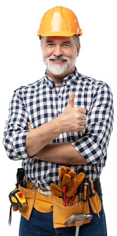 A man wearing a hard hat and a tool belt is giving a thumbs up.