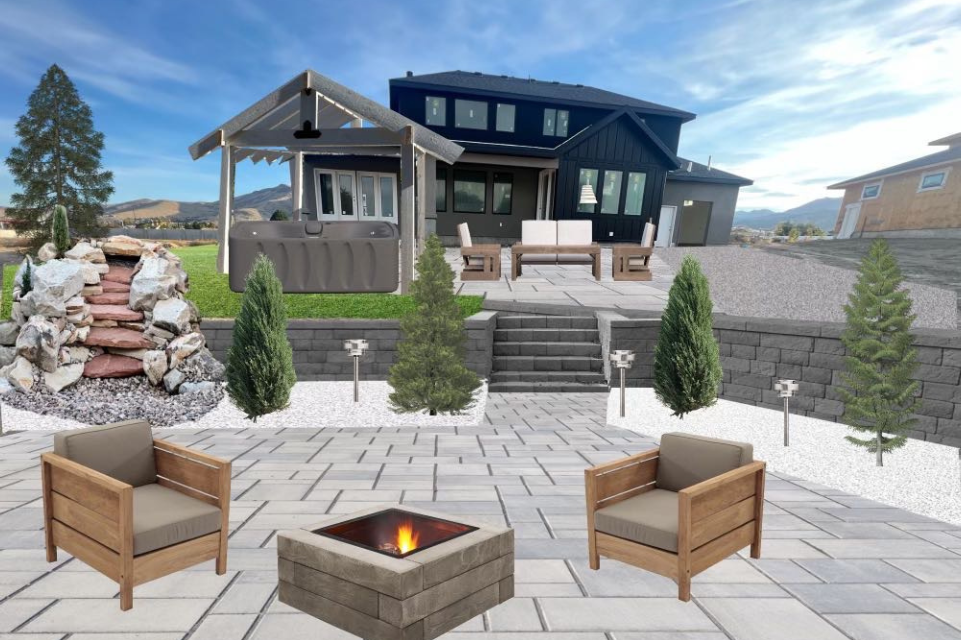 A  landscape design with patio with chairs and a fire pit in front of a house