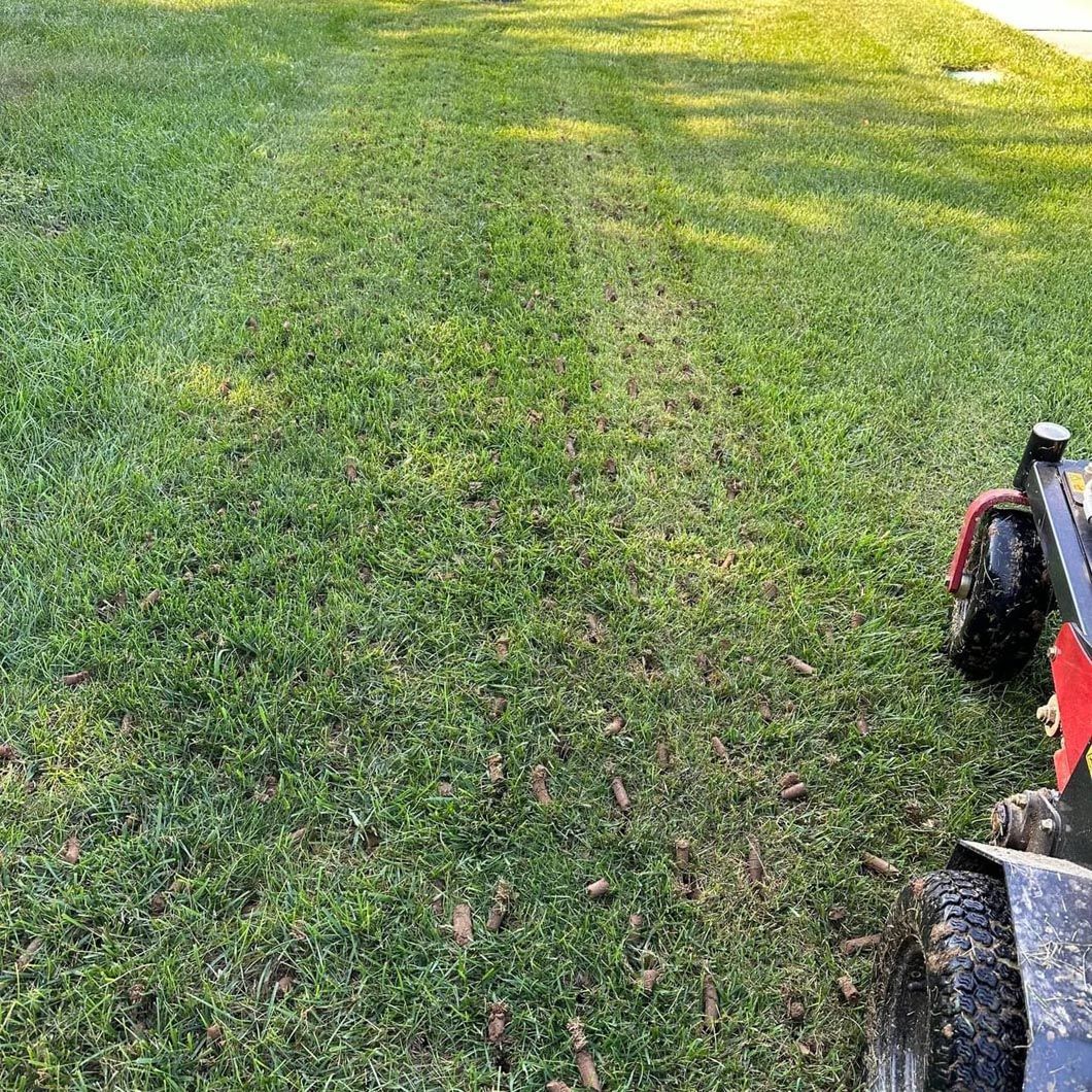 A lawn mower is cutting a lush green lawn.