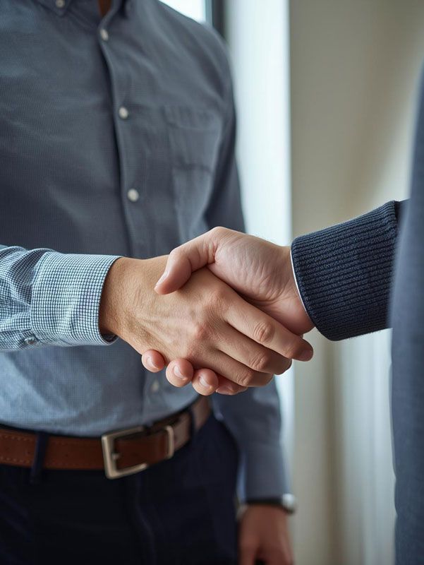 Two men shaking hands, one wearing a gray dress shirt, the other in a blazer.