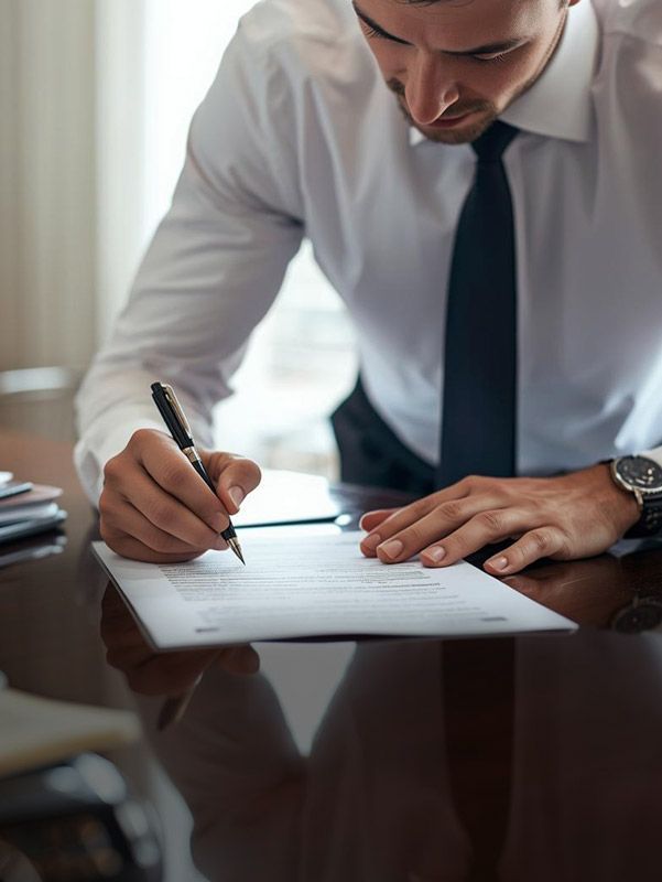 Man in white shirt and tie signing a document at a desk, focused, pen in hand.