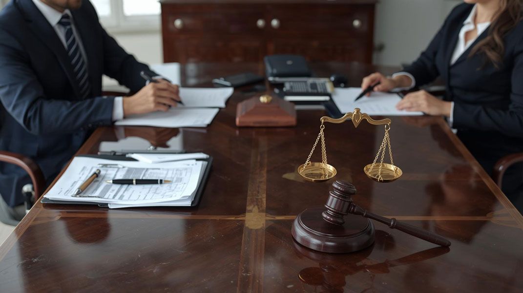 Lawyers in suits at a table with documents, a gavel, and scales of justice.
