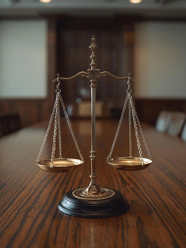 Scales of Justice on a wooden table, in a courtroom setting.