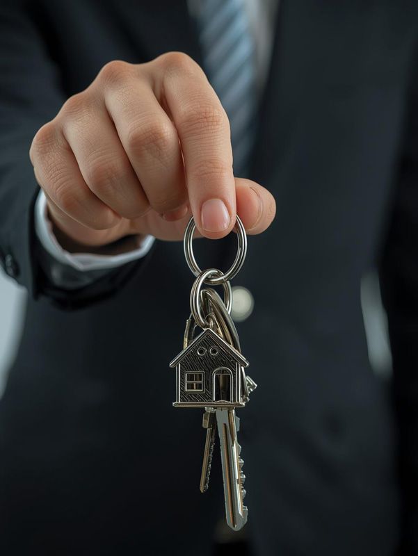 hand of a man wearing a suit holding a set of keys with a metal house-shaped keychain