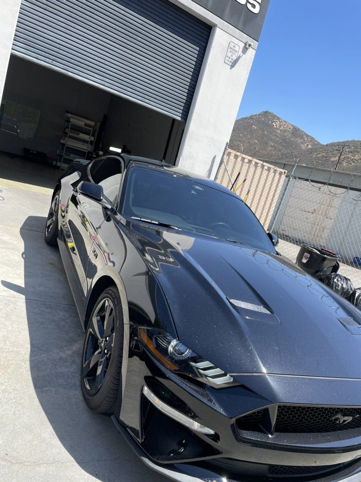 A black mustang is parked in front of a garage door.