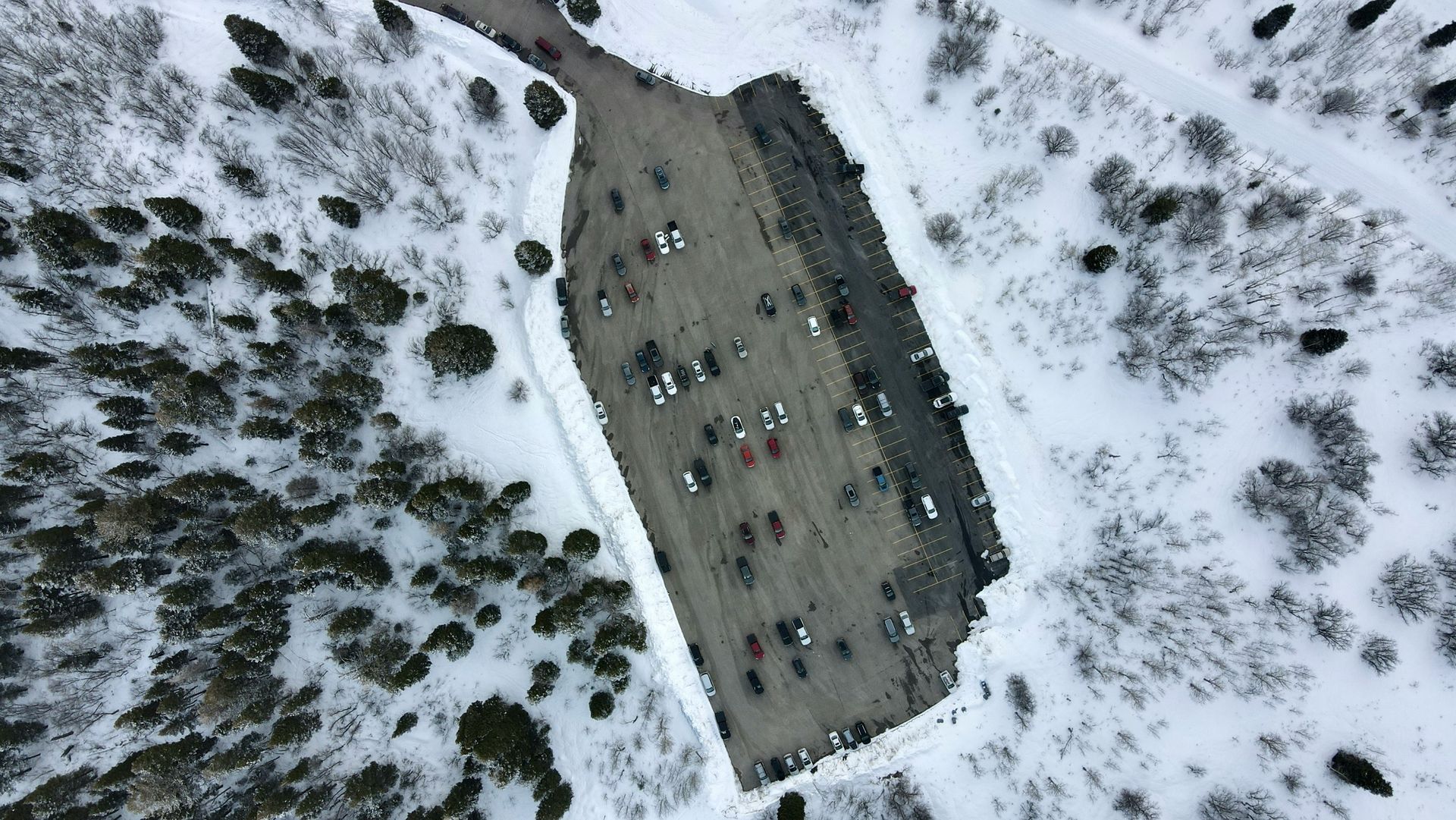 Overhead view of snow-covered parking lot with vehicles, surrounded by snowy trees.