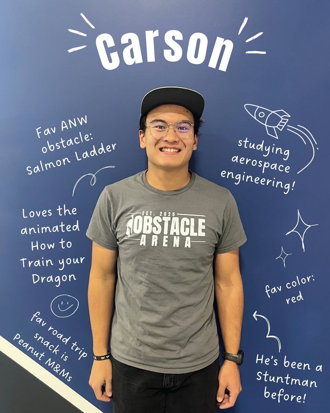 Man with glasses and a cap, standing in front of a blue wall with text about him.