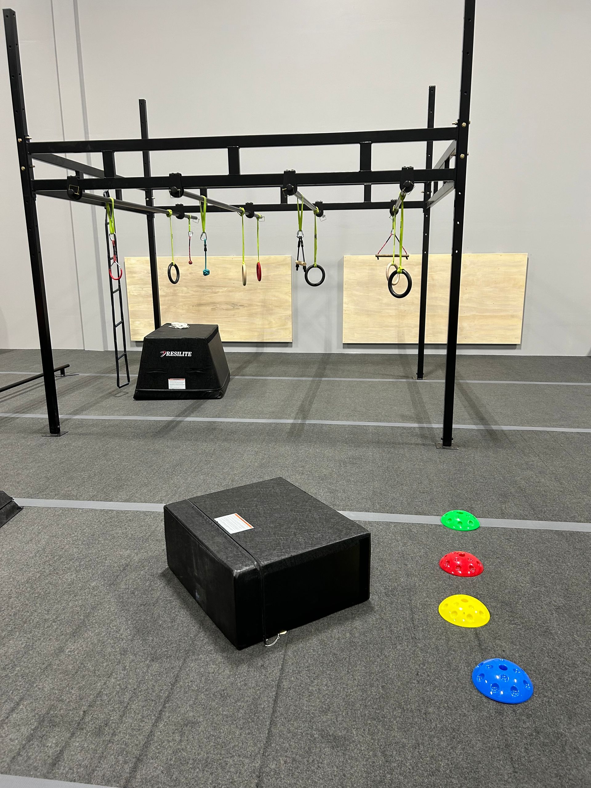 Black agility course with hanging rings, a black box, and colorful cones on gray flooring.