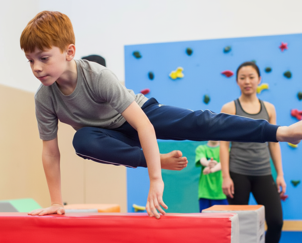 Boy balancing on a beam in a gym; instructor watches. Blue climbing wall in background.