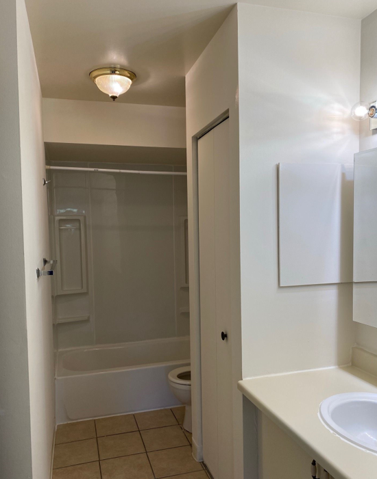 A bathroom with a sink , toilet , bathtub and mirror.