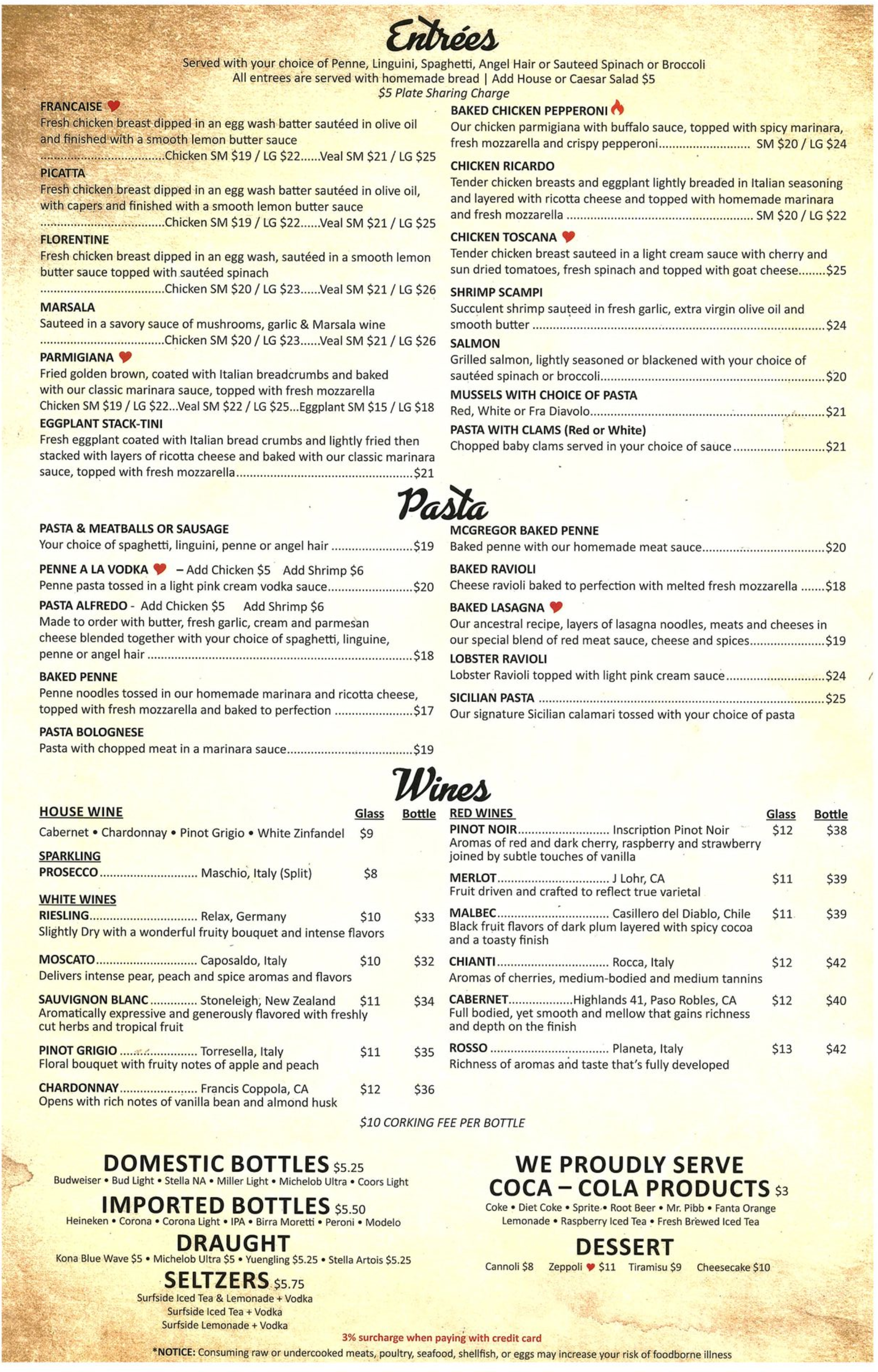 Vintage restaurant menu with three sections of dishes and prices on a cream background