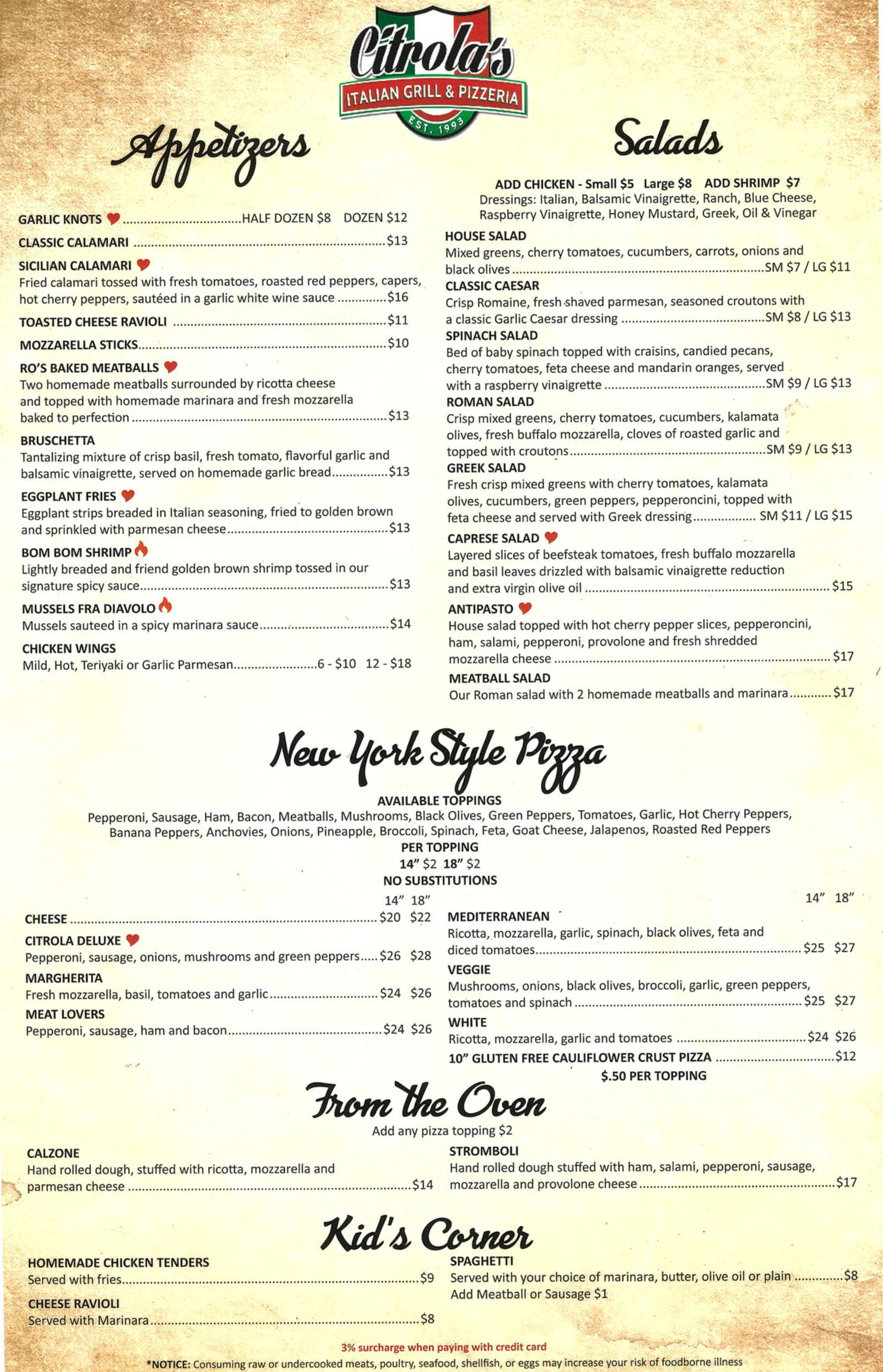 Restaurant menu with appetizers, salads, pasta, and entrees on a cream parchment-style background.