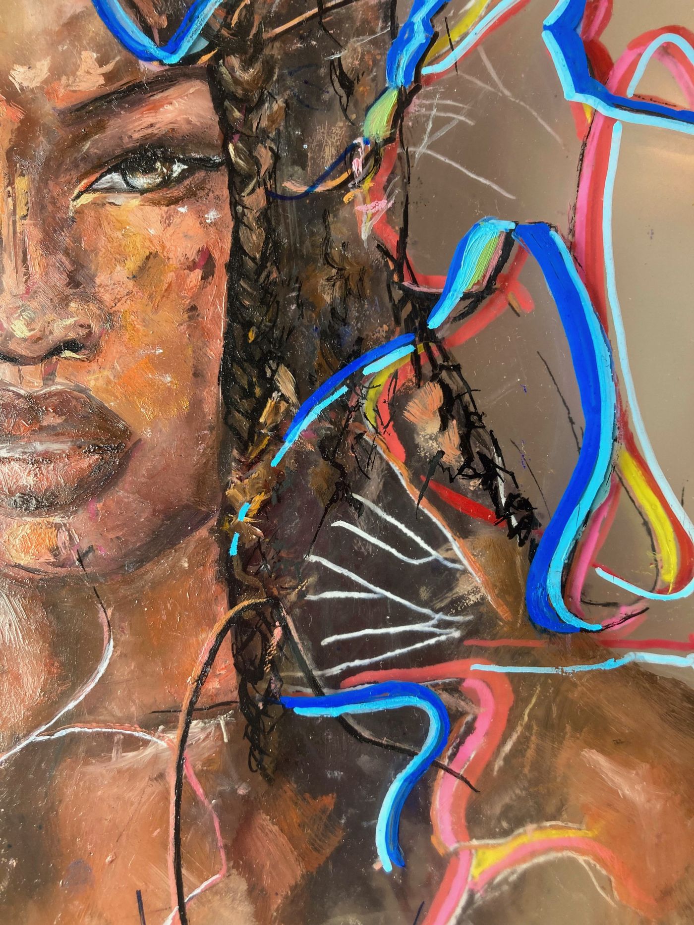 A close up of a painting of a woman 's face with colorful lines coming out of her hair.