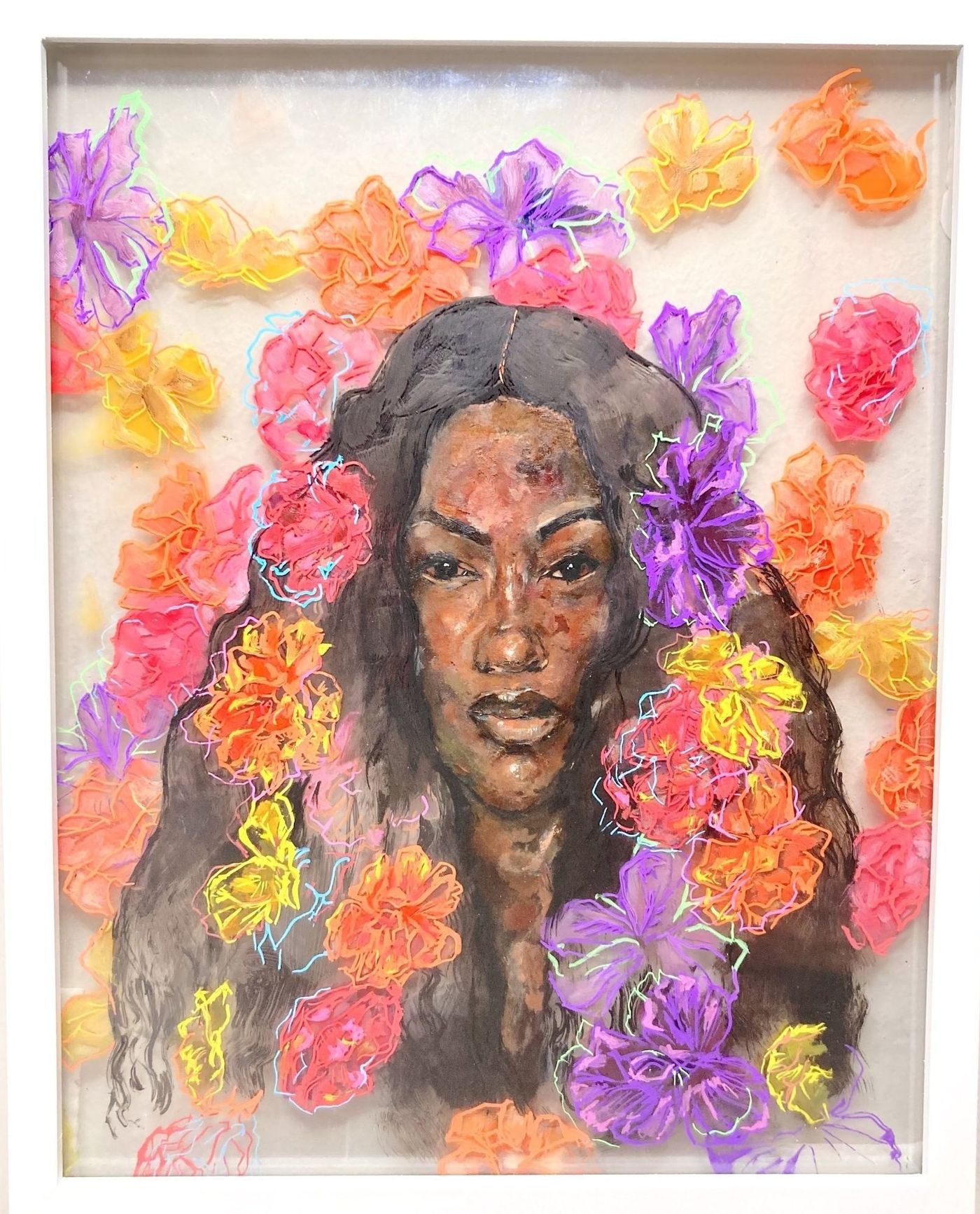 A painting of a woman surrounded by colorful flowers.