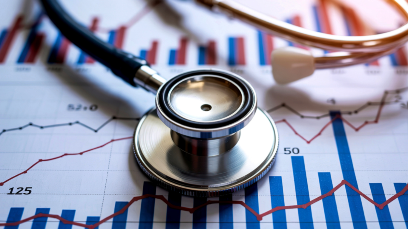 Stethoscope on top of a graph with blue and red lines, and bar charts, in a financial or medical setting.