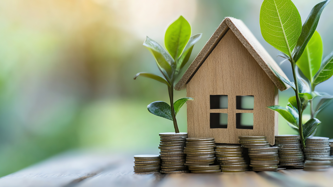 Wooden house model atop stacks of coins with plants growing; concept of real estate investment.