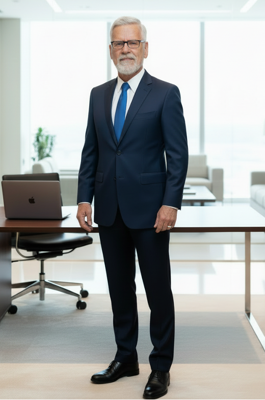 Man in a suit standing by a desk in an office setting.