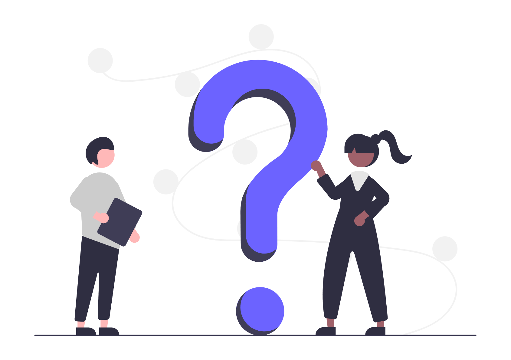 Man holding tablet looks at large blue question mark. Woman touches question mark.