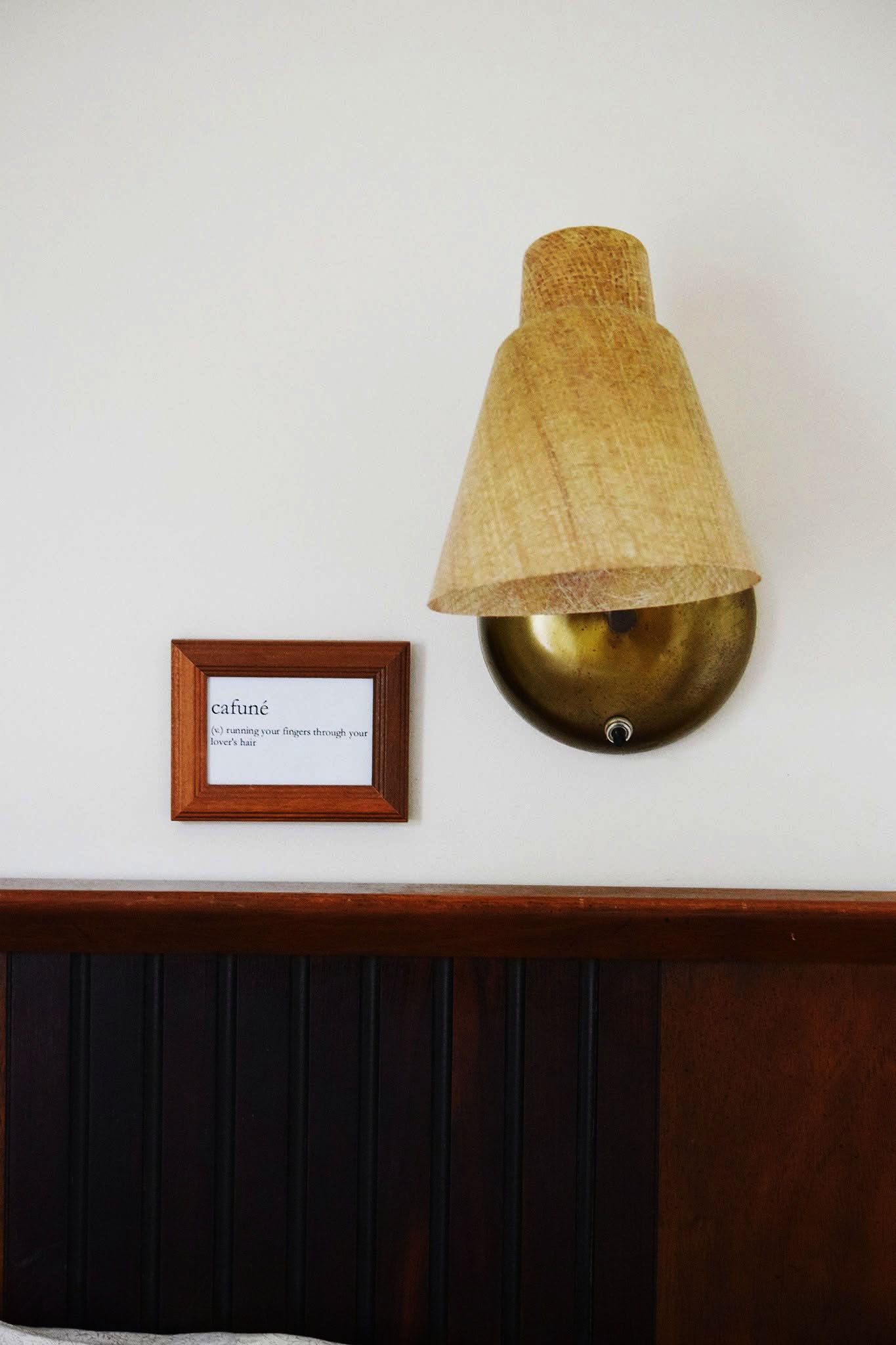 A lamp is hanging on a wall next to a picture frame.