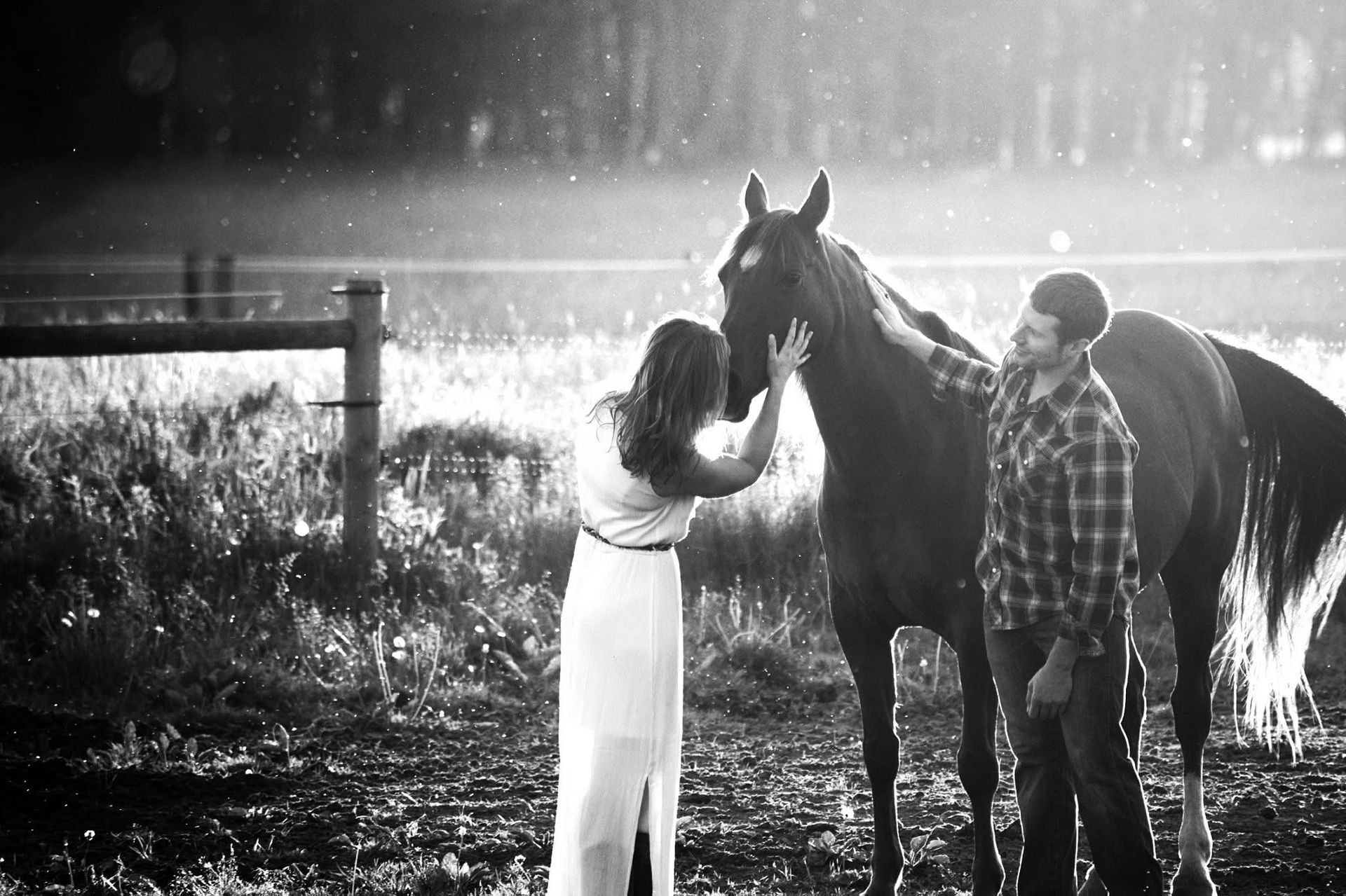 A black and white photo of a woman petting a horse.