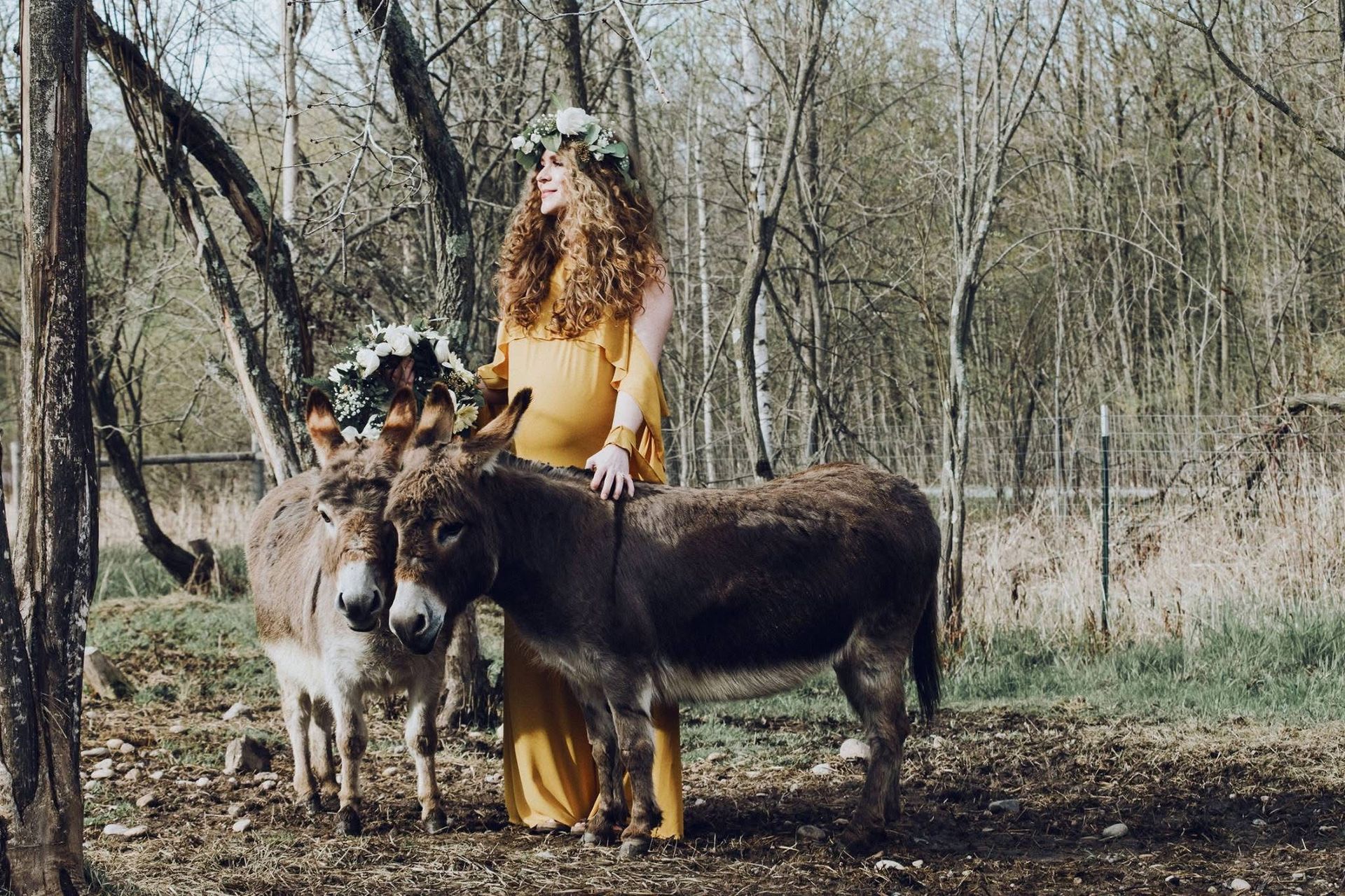 A woman in a yellow dress is standing next to two donkeys.