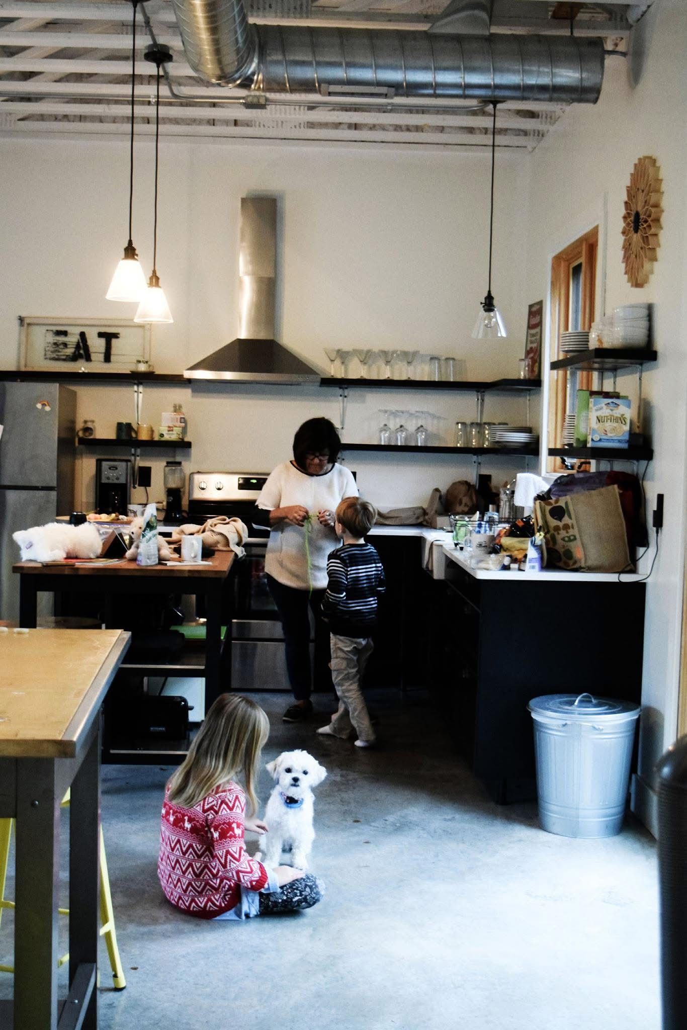 A kitchen with a sign that says eat on it