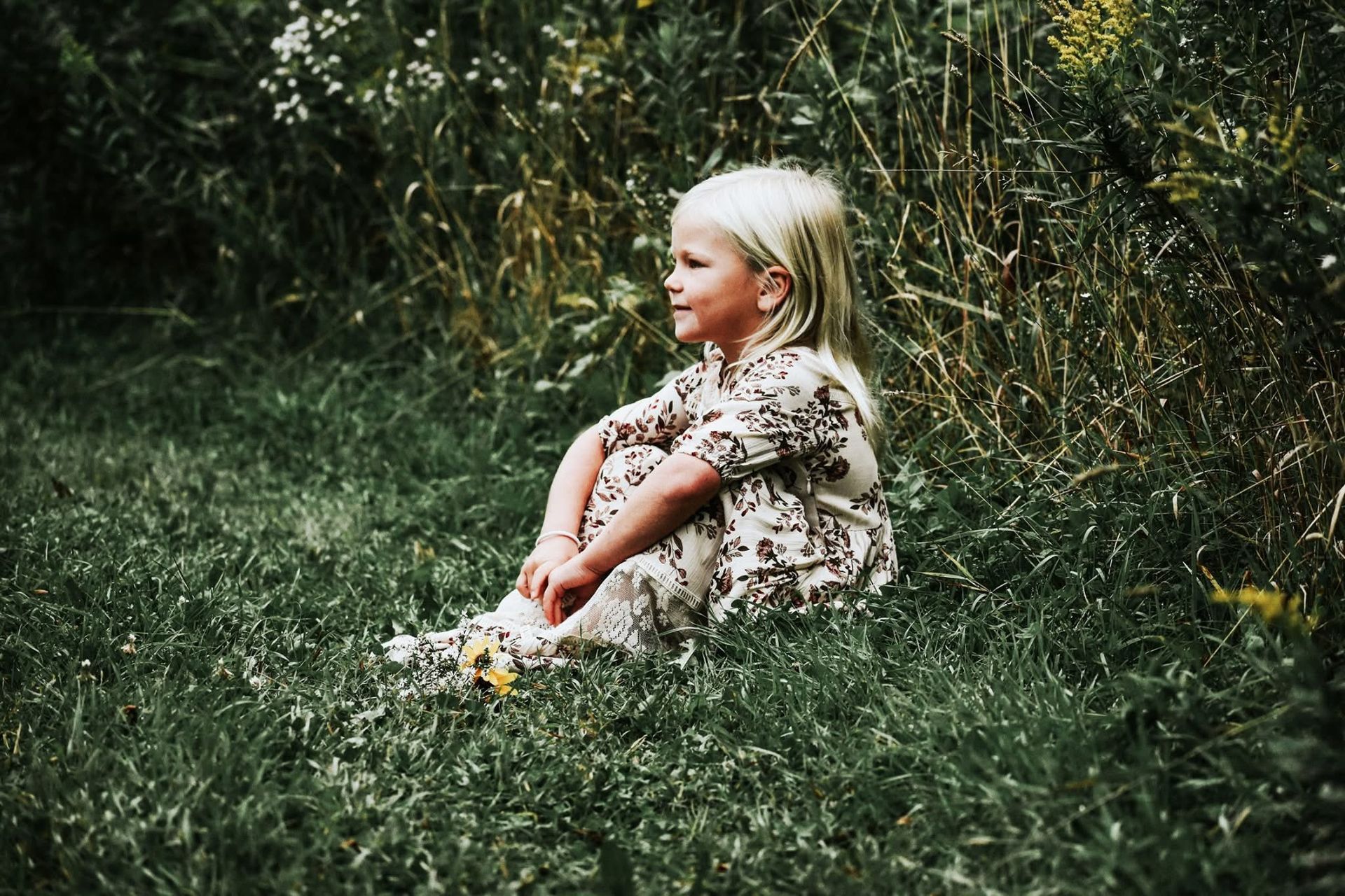A little girl in a dress is sitting in the grass.