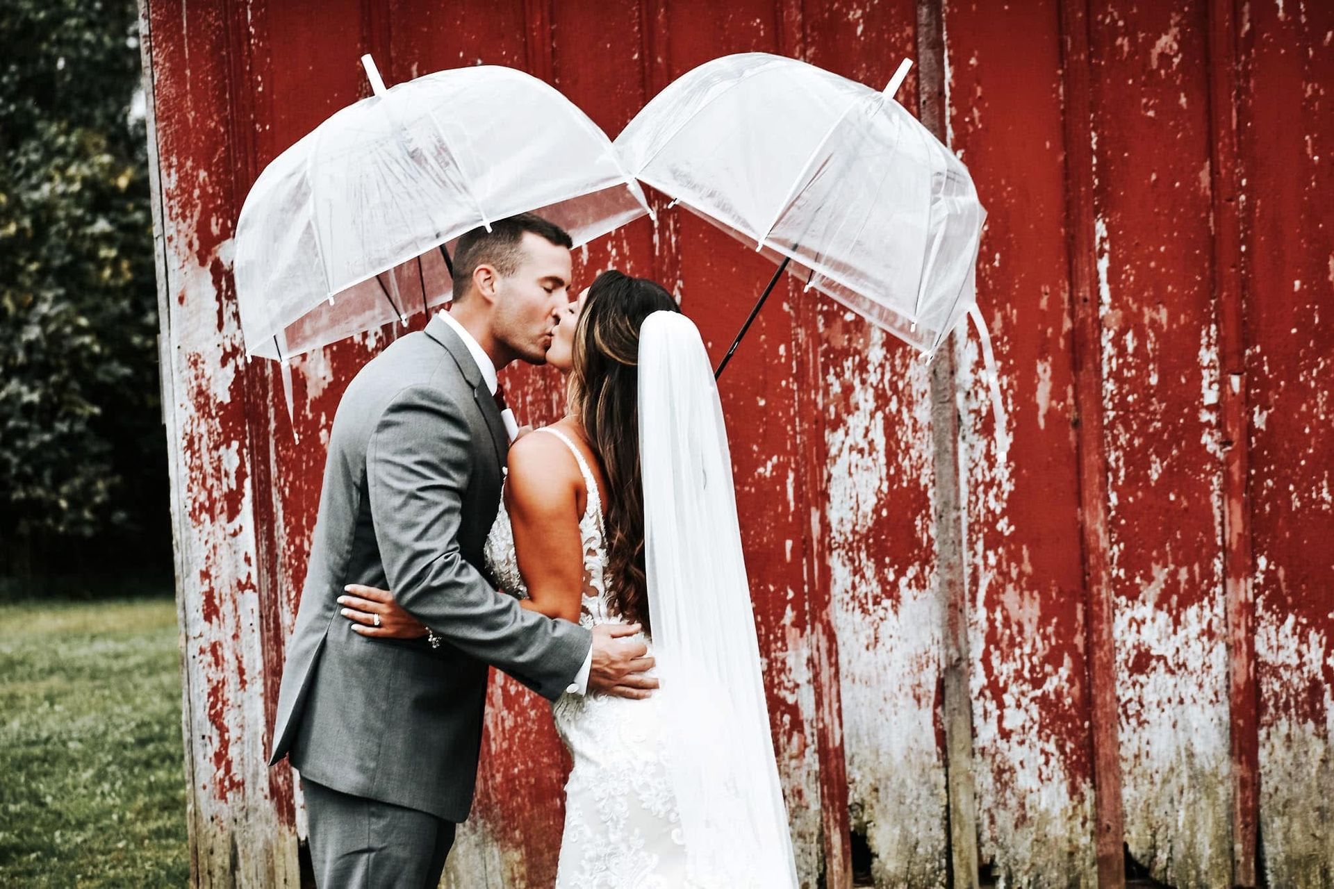 A bride and groom are kissing under umbrellas in front of a red barn.