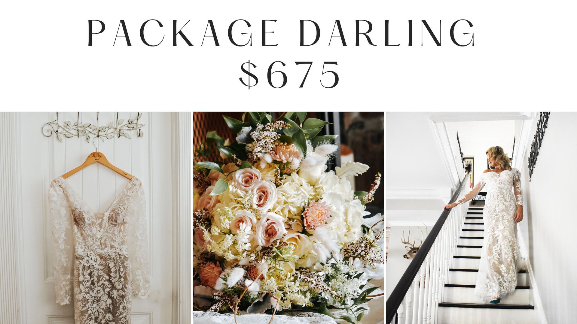 A bride in a wedding dress is standing on a set of stairs next to a bouquet of flowers.