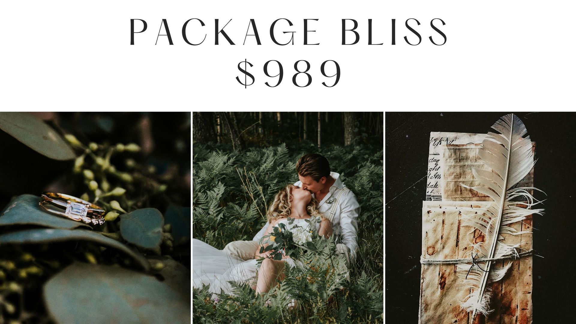 A collage of three photos of a bride and groom with the price of $ 989.