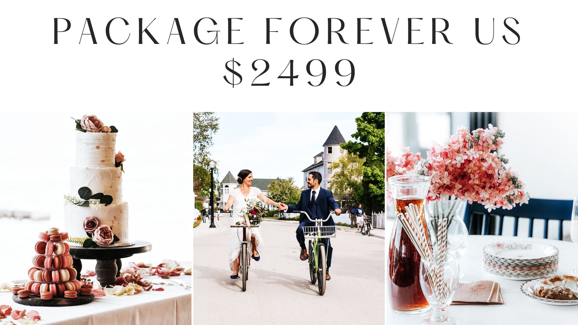 A bride and groom are riding bicycles down a street.