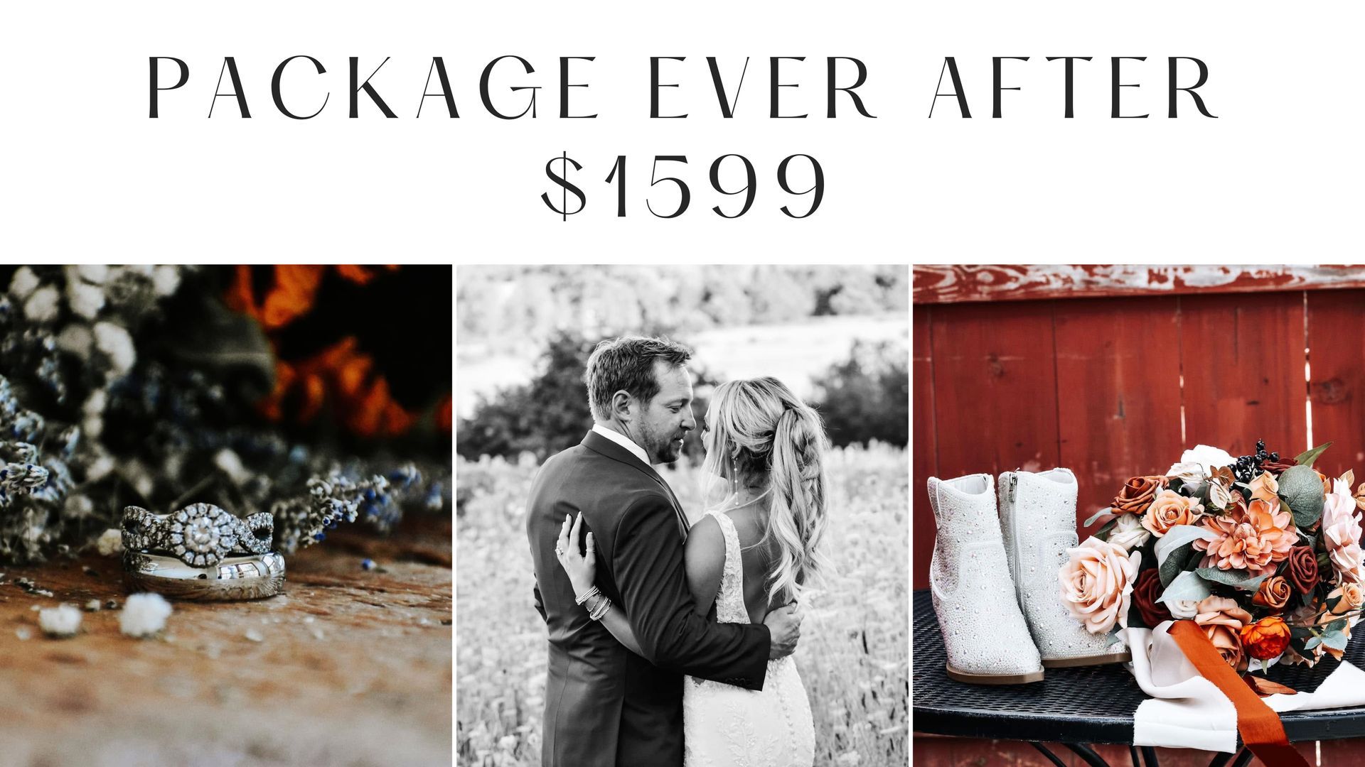 A bride and groom are hugging in front of a red barn.