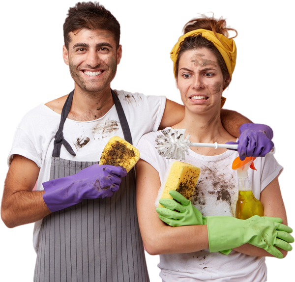 A man and a woman are standing next to each other holding sponges and cleaning supplies