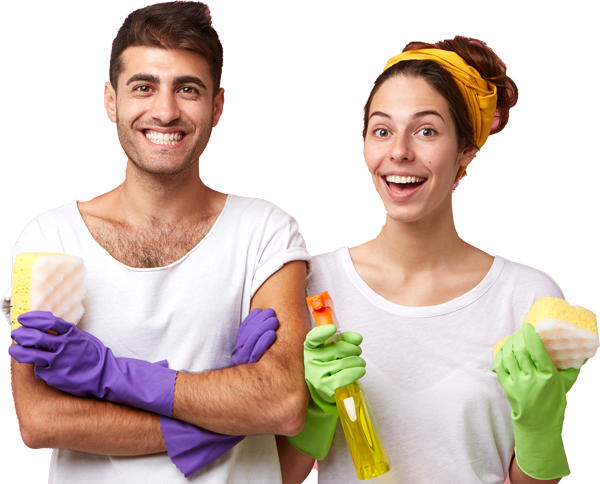 A man and a woman are holding cleaning supplies and smiling.