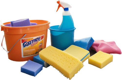 A bucket with sponges and cleaning supplies on it